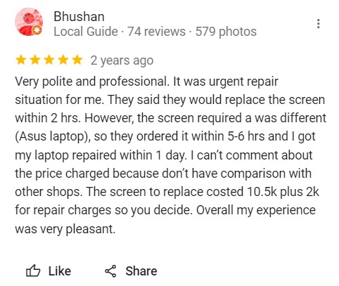 Bhushan - Review for Laptop Repair